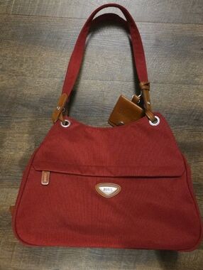 Roots Maroon Canvas Shoulder Bag with Brown Leather Accents